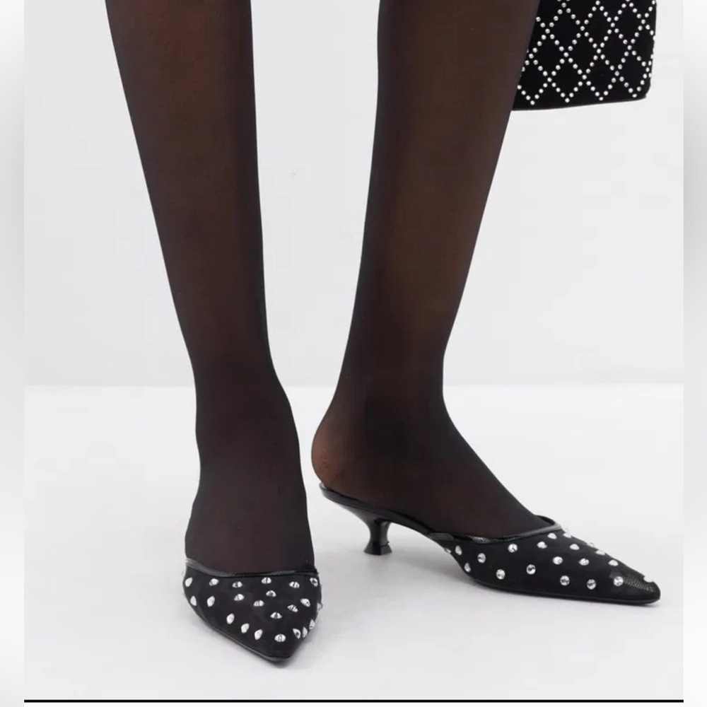 NWOT KHAITE Minna 35 Crystal Embellished Black Mesh Kitten Mules Size 36/ 5.5